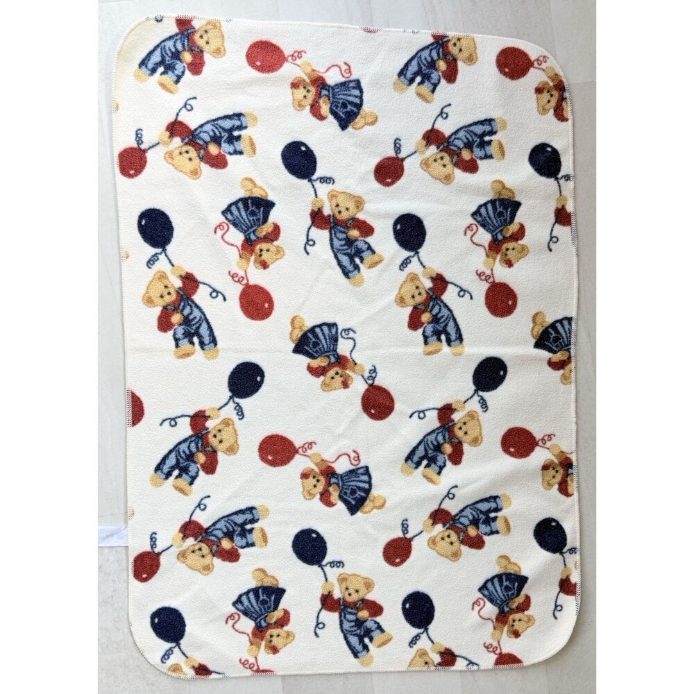 Vtg Blue Jean Teddy Bear Fleece Baby Blanket White Red Navy Balloons 40.5"x27"
